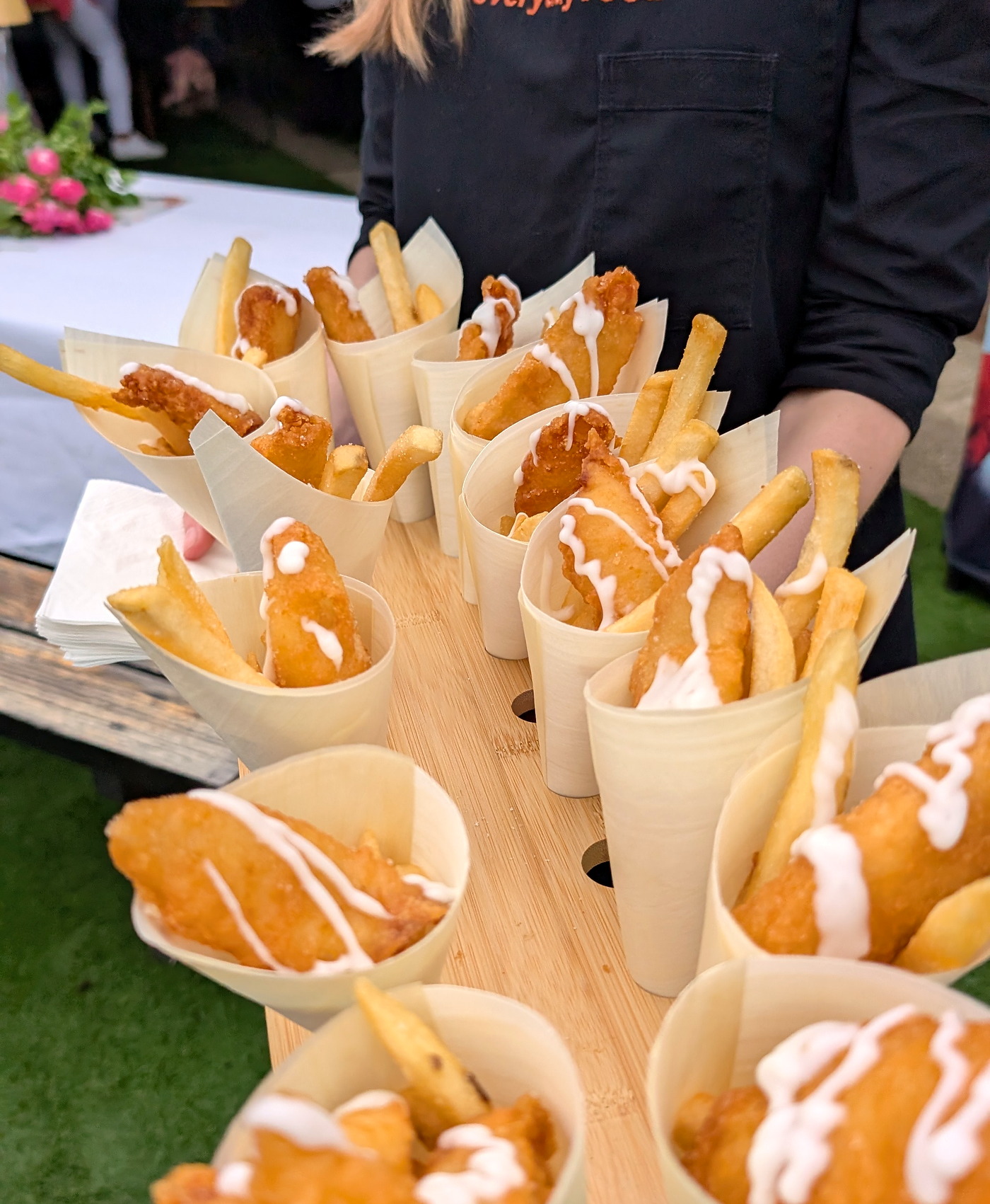 Roaming finger food cups prepared for wedding guests