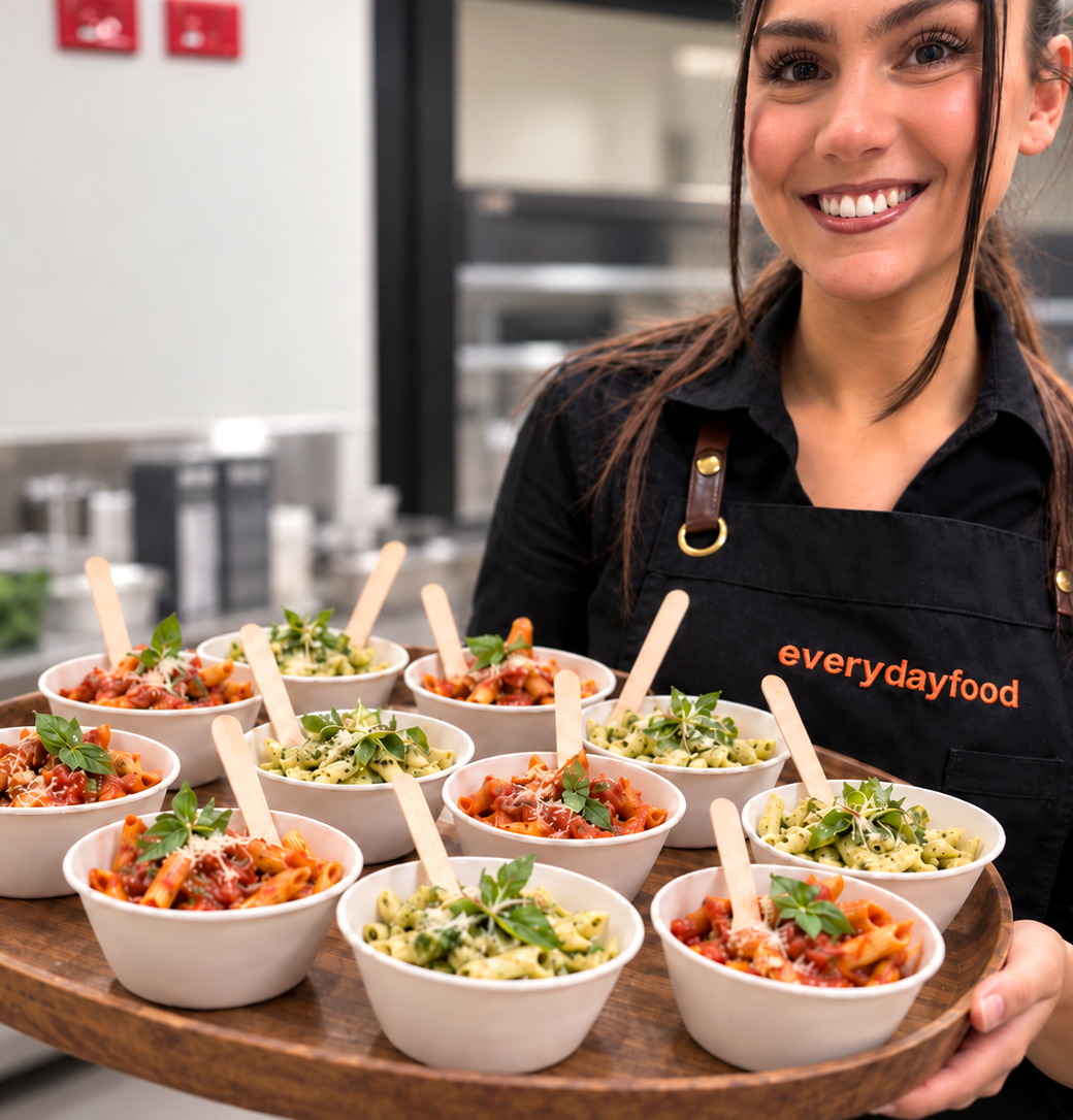 An everydayfood team member presenting roaming bowls