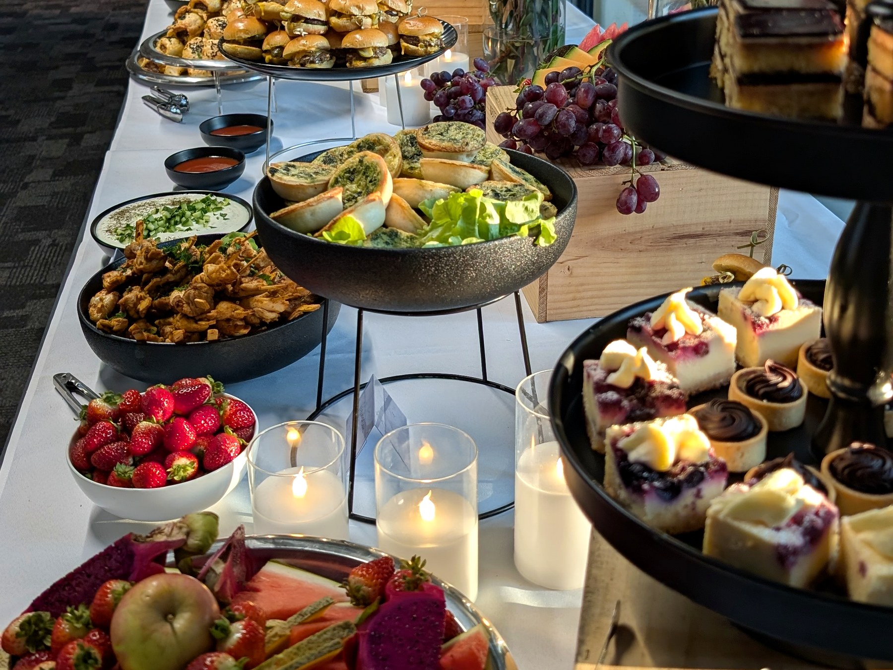 A generous everydayfood buffet with savoury food, fruit and petit fours
