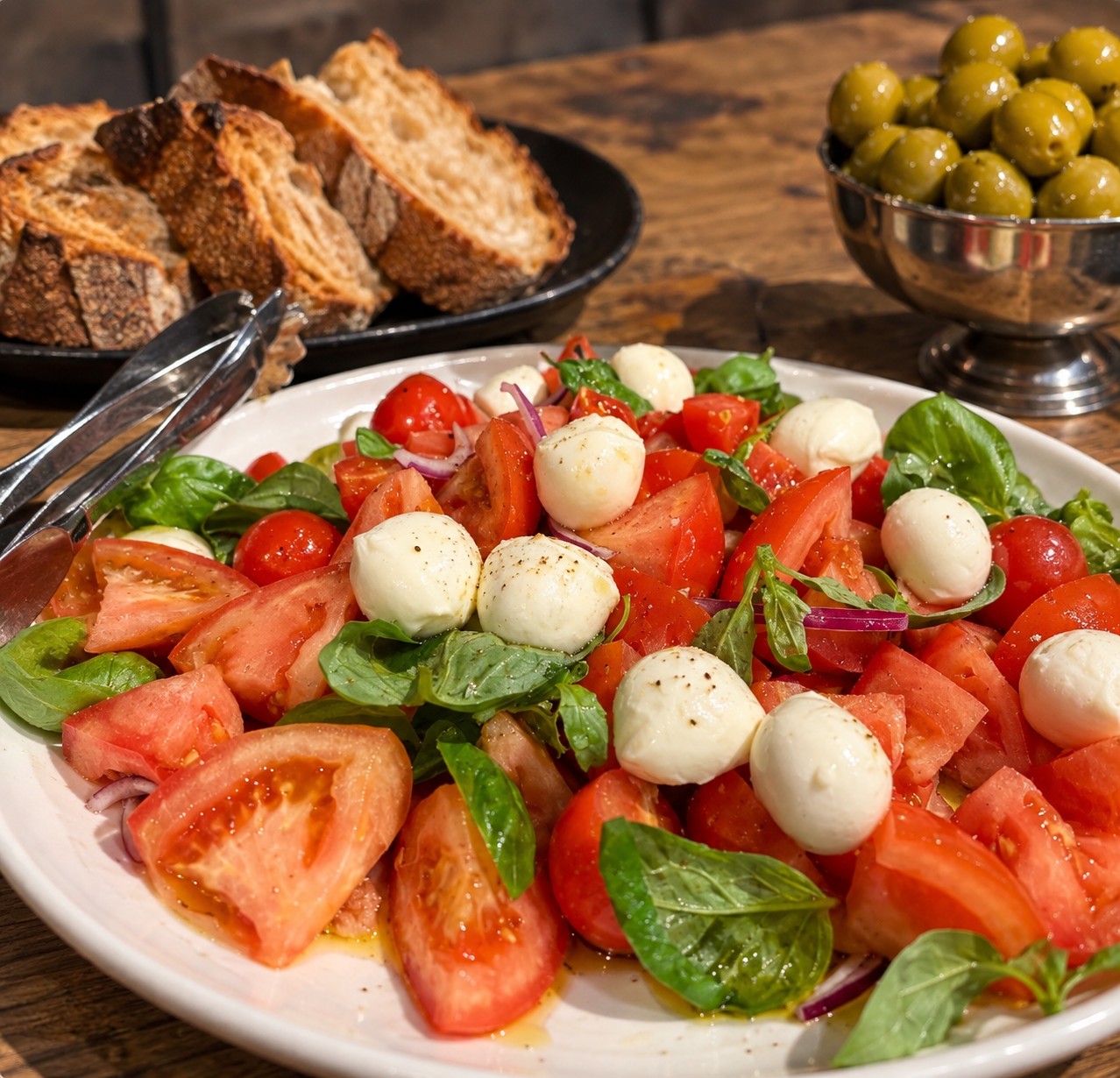 A colourful shared feast salad with tomatoes, bocconcini, basil, bread and olives