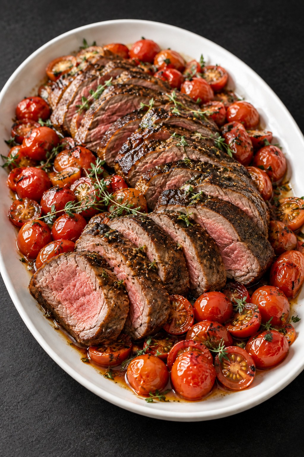 Sliced beef with roasted tomatoes prepared for shared feast dining