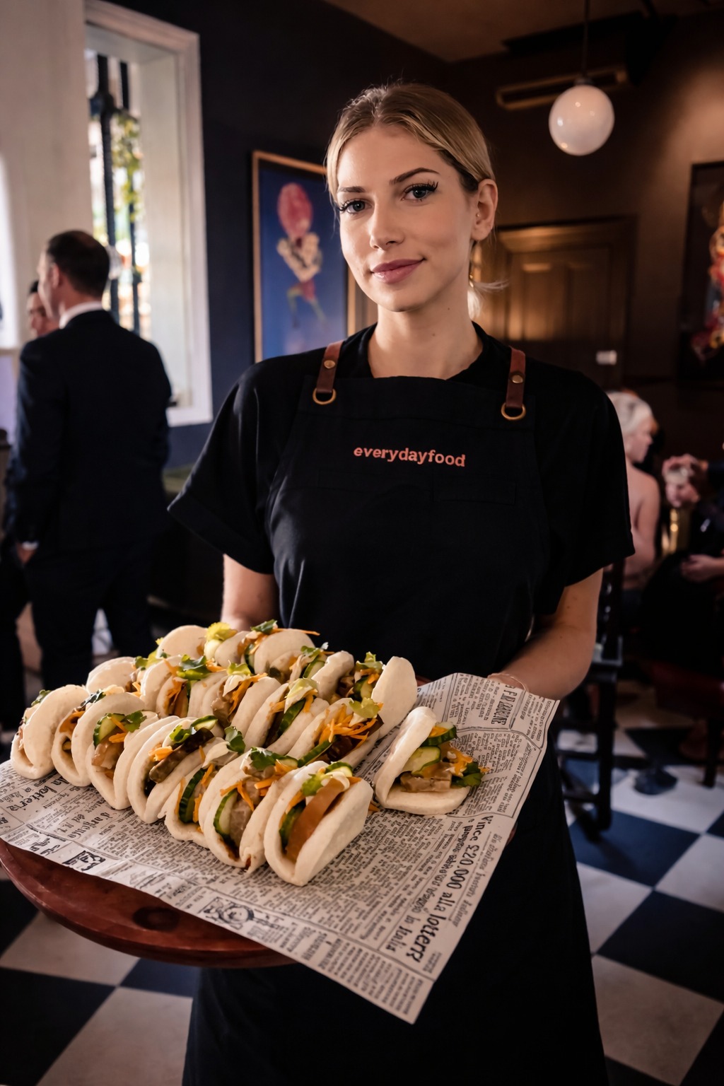 An everydayfood team member presenting bao at an event